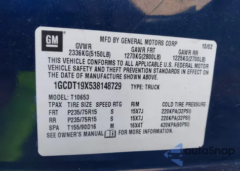 2003 Chevrolet S-10 Ls z USA, uszkodzony, nr VIN 1GCDT19X538148729